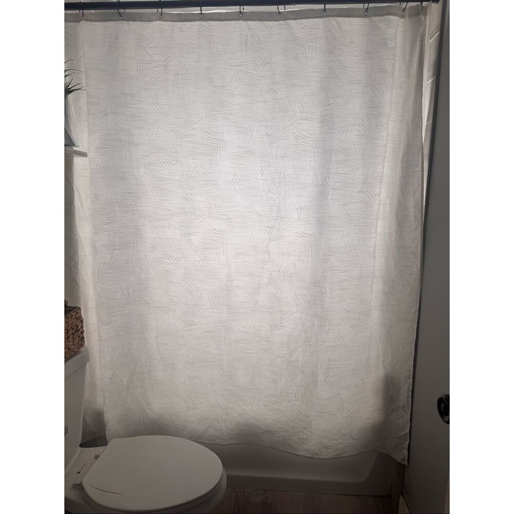 White Shower Curtain Gray Palm Leaf Print Bathroom Fabric Standard Size